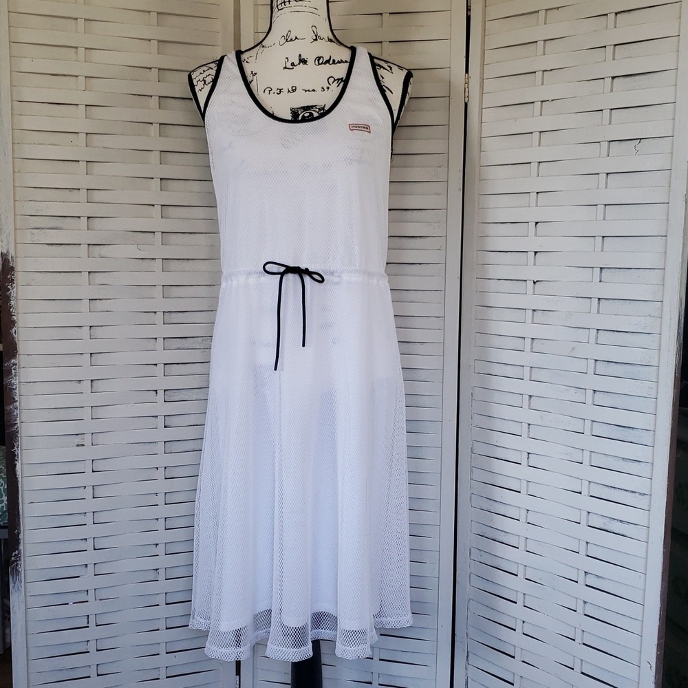 Hunter White Sleeveless Upper Mesh Dress with Black Trim New S